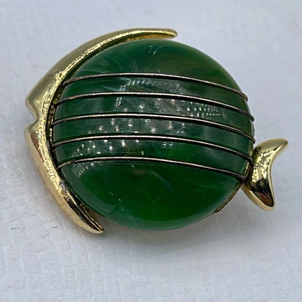 Vintage Mid century faux jade abstract fish brooch .